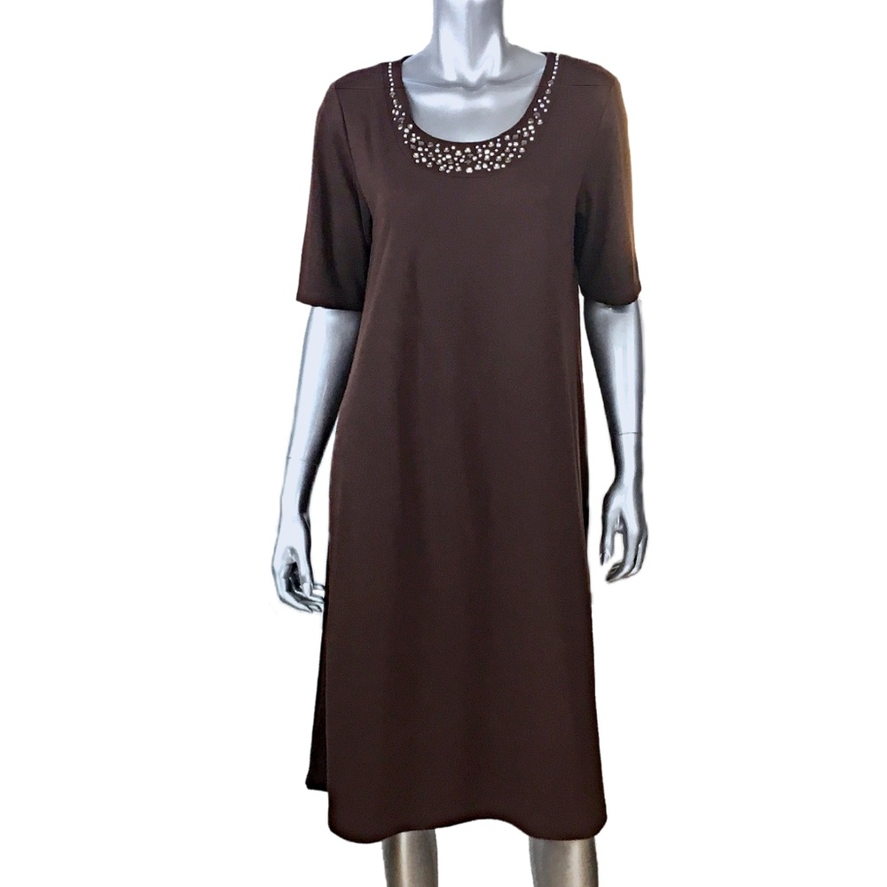 Susan Graver Brown Knit Beaded Shift Dress